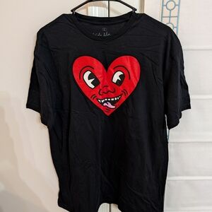 Keith Haring Black Graphic Tee with Red Heart Design
